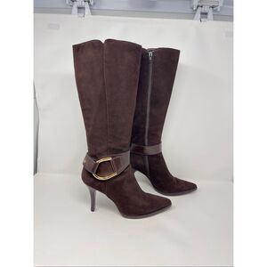 Antonio Melani Simone Brown Suede Full Zip Gold Buckle Knee High Heeled Boot 9.5